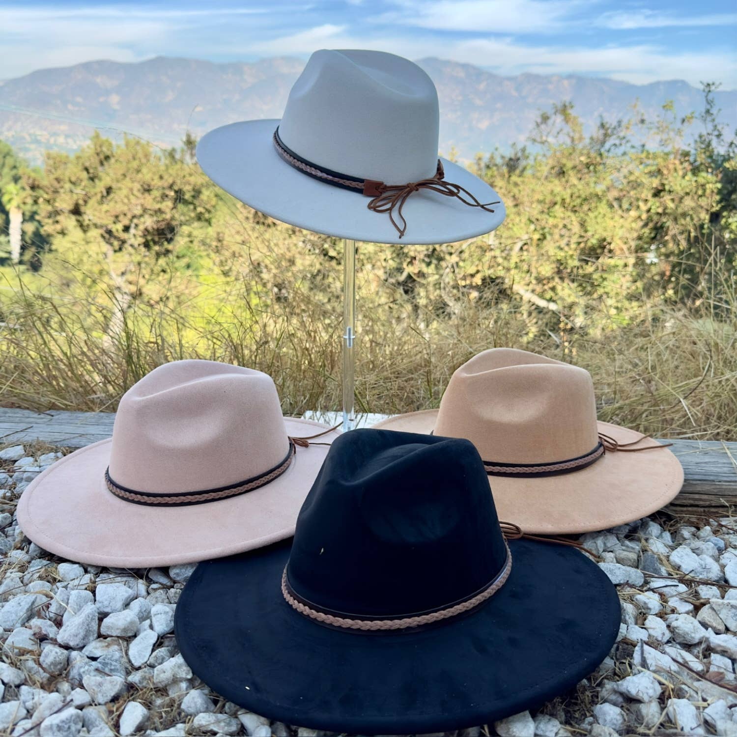 Classic Wide Brim Suede Hat With Braided Suede Belt