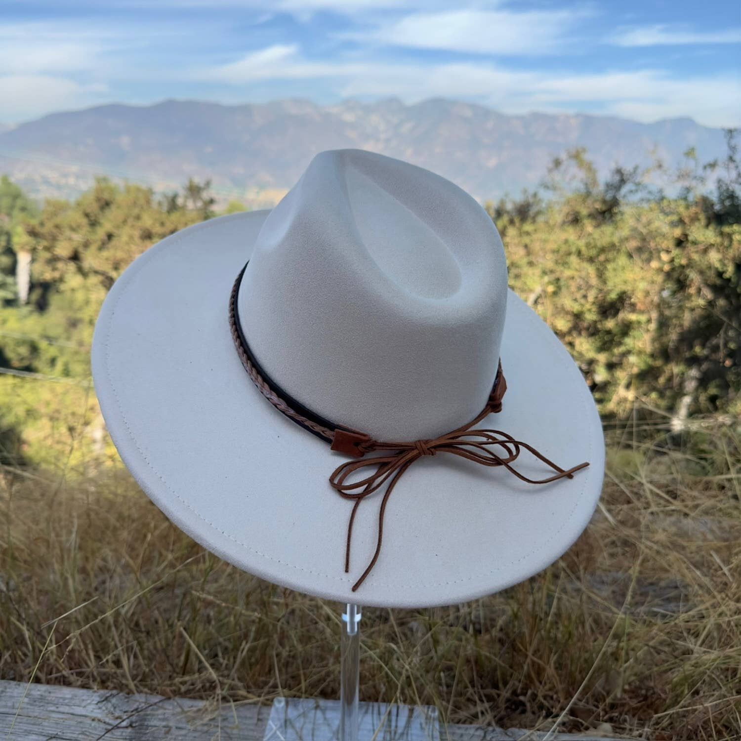 Classic Wide Brim Suede Hat With Braided Suede Belt
