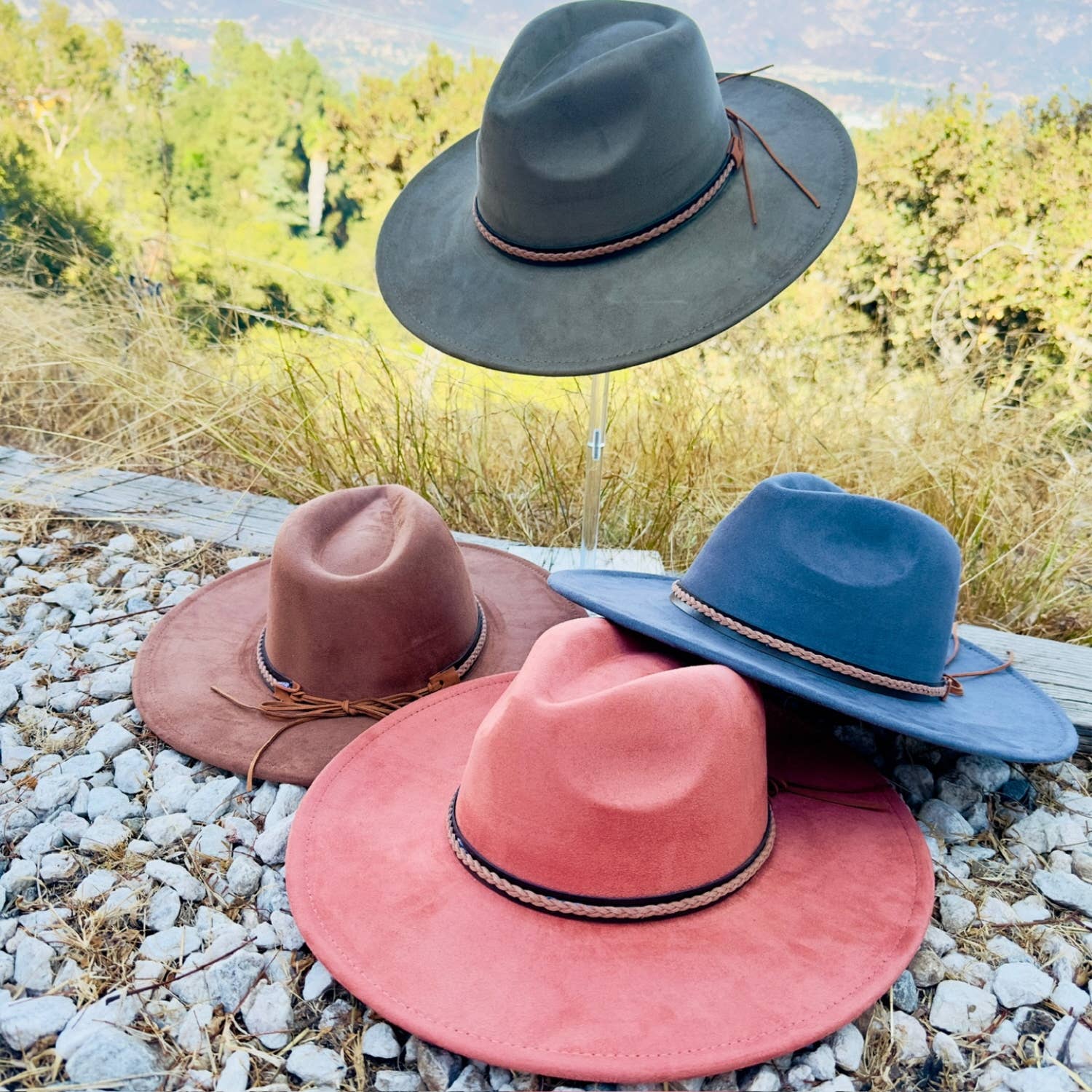 Classic Wide Brim Suede Hat With Braided Suede Belt
