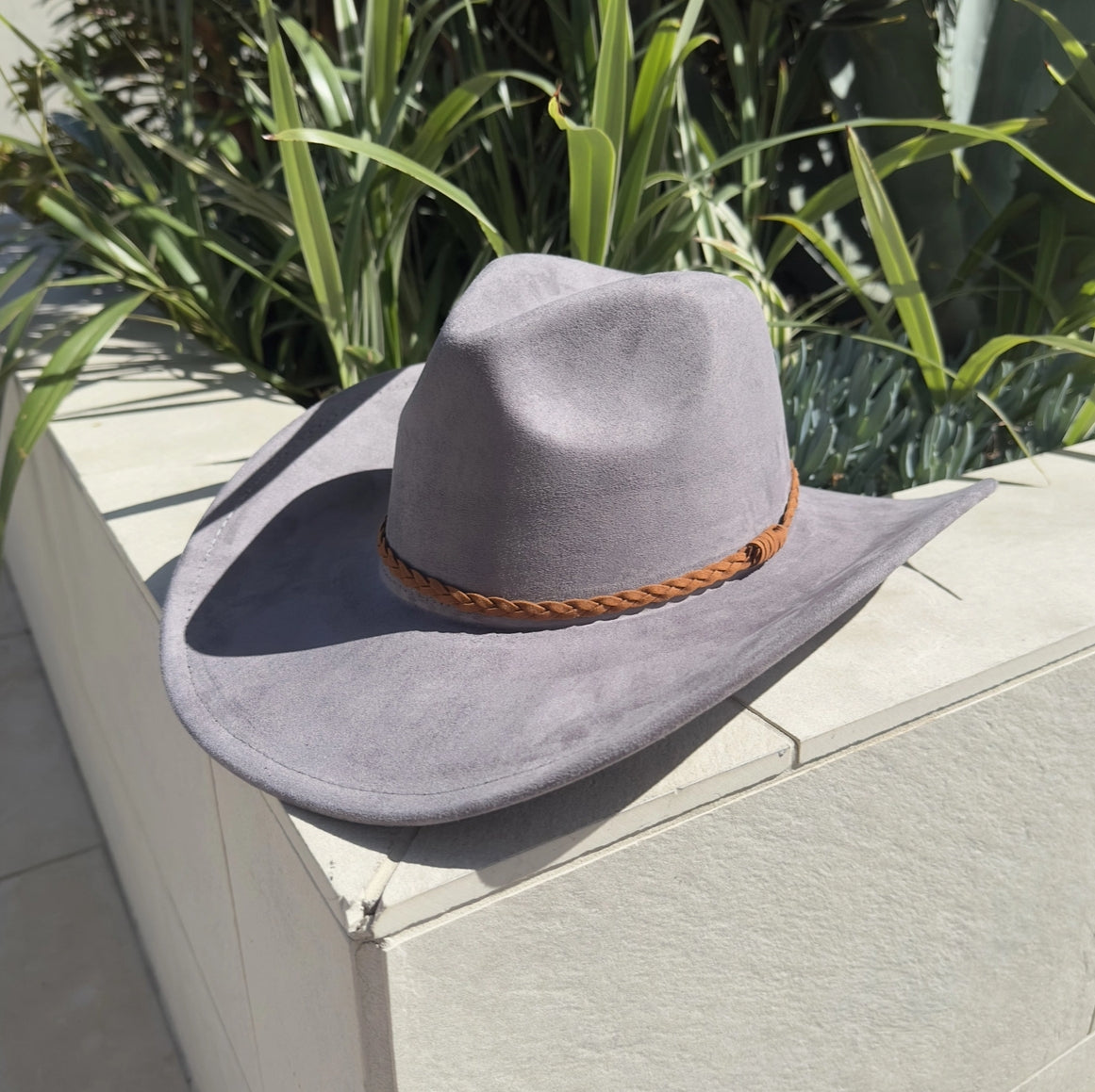 Fashion Vegan Suede Cowboy Hat W/ Braided Suede Strap.