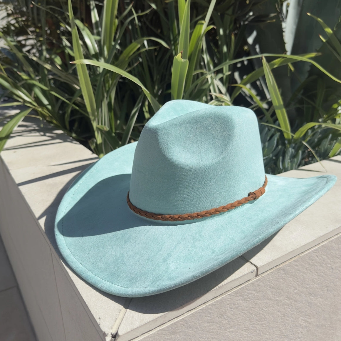 Fashion Vegan Suede Cowboy Hat W/ Braided Suede Strap.