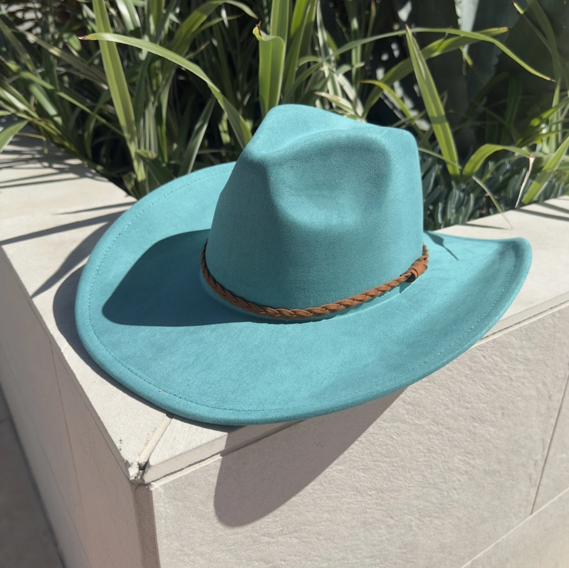 Fashion Vegan Suede Cowboy Hat W/ Braided Suede Strap.