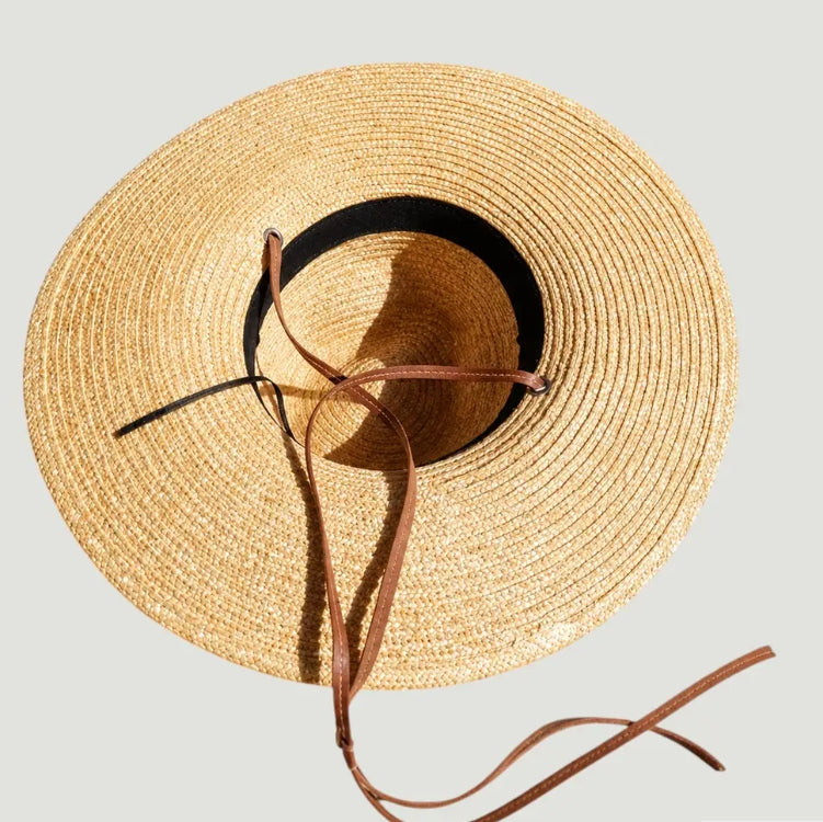 Wheat Straw Wide Brim Rancher Hat with Leather Chin Cord