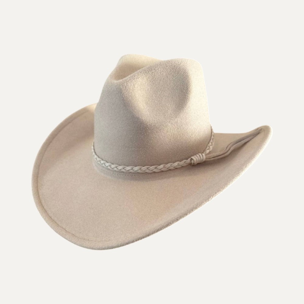 Vegan Felt Cowboy Hat with Braided Suede Belt in Camel