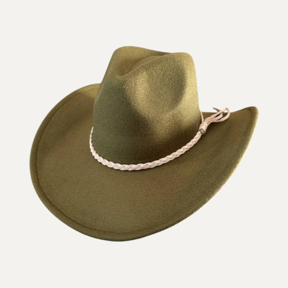 Vegan Felt Cowboy Hat with Braided Suede Belt in Camel