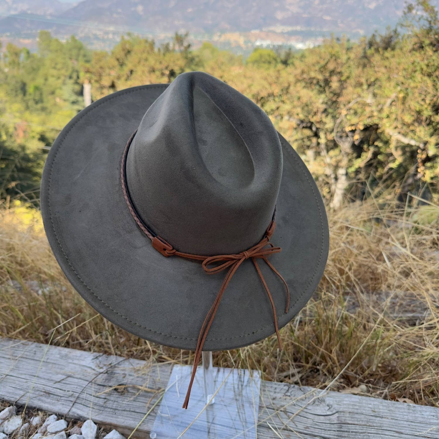 Classic Wide Brim Suede Hat With Braided Suede Belt