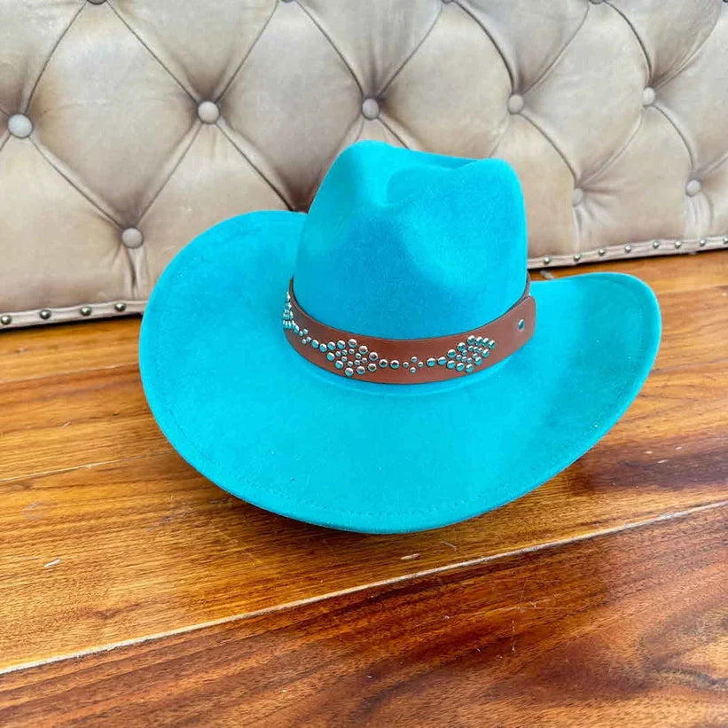 VEGAN SUEDE COWBOY HAT STUDDED LEATHER BELT