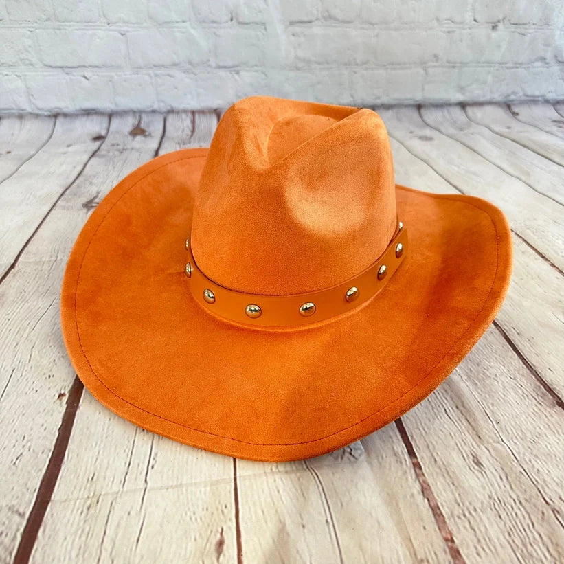 VEGAN SUEDE COWBOY HAT W/ STUDDED LEATHER BELT