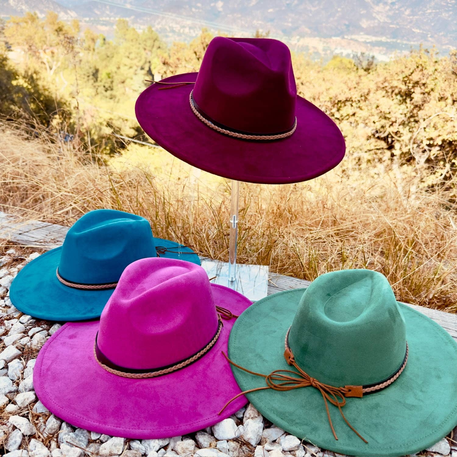 Classic Wide Brim Suede Hat With Braided Suede Belt