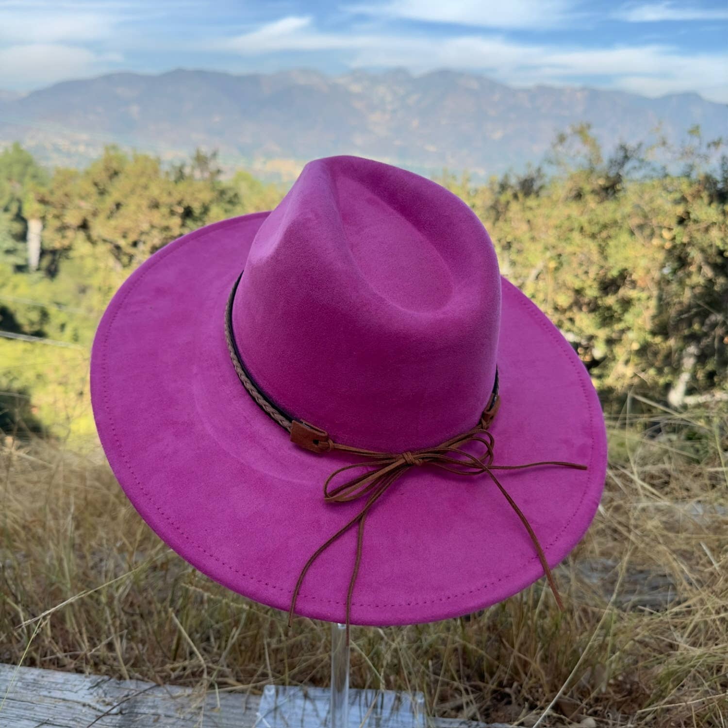 Classic Wide Brim Suede Hat With Braided Suede Belt