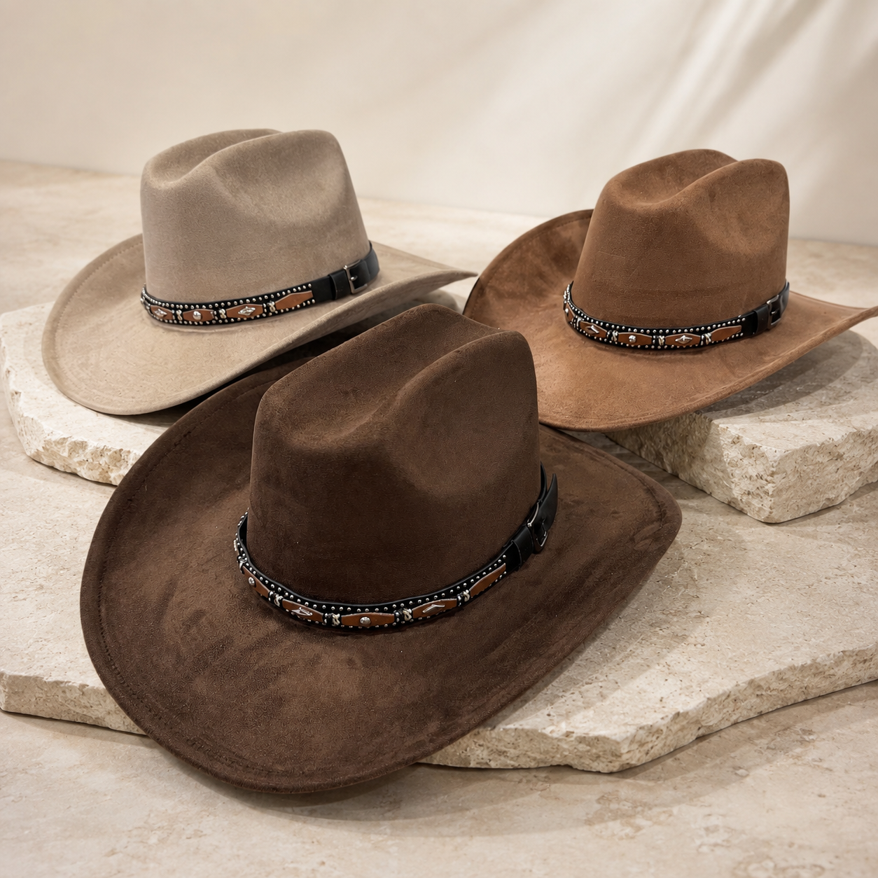 Studded Concho Band Vegan Suede Cattleman Hat - Black