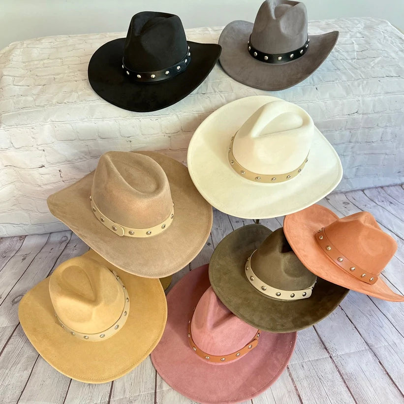 VEGAN SUEDE COWBOY HAT W/ STUDDED LEATHER BELT