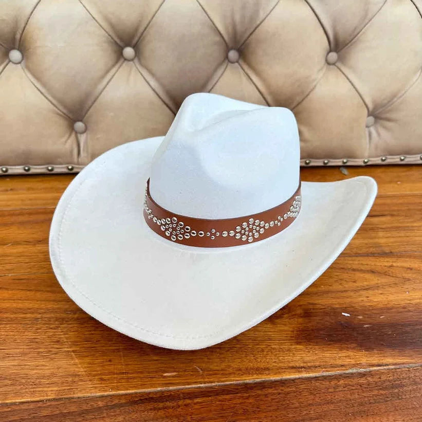 VEGAN SUEDE COWBOY HAT STUDDED LEATHER BELT