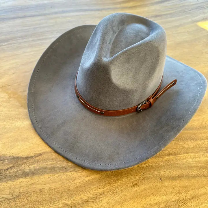 VEGAN SUEDE COWBOY HAT W/ LEATHER BELT