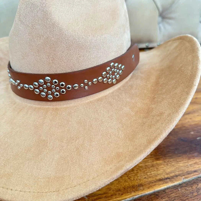 VEGAN SUEDE COWBOY HAT STUDDED LEATHER BELT