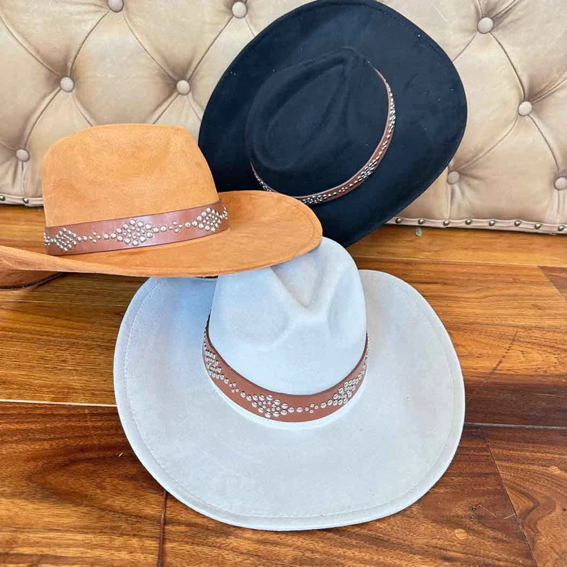 VEGAN SUEDE COWBOY HAT STUDDED LEATHER BELT