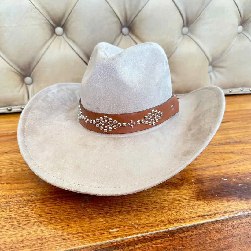 VEGAN SUEDE COWBOY HAT STUDDED LEATHER BELT