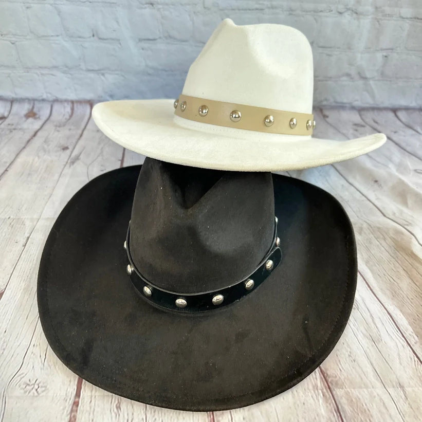 VEGAN SUEDE COWBOY HAT W/ STUDDED LEATHER BELT