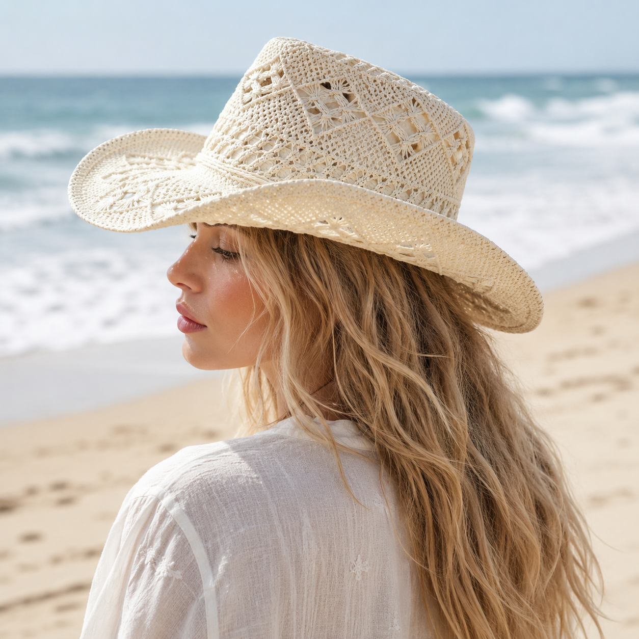Handwoven Crochet Straw Cowboy Hat