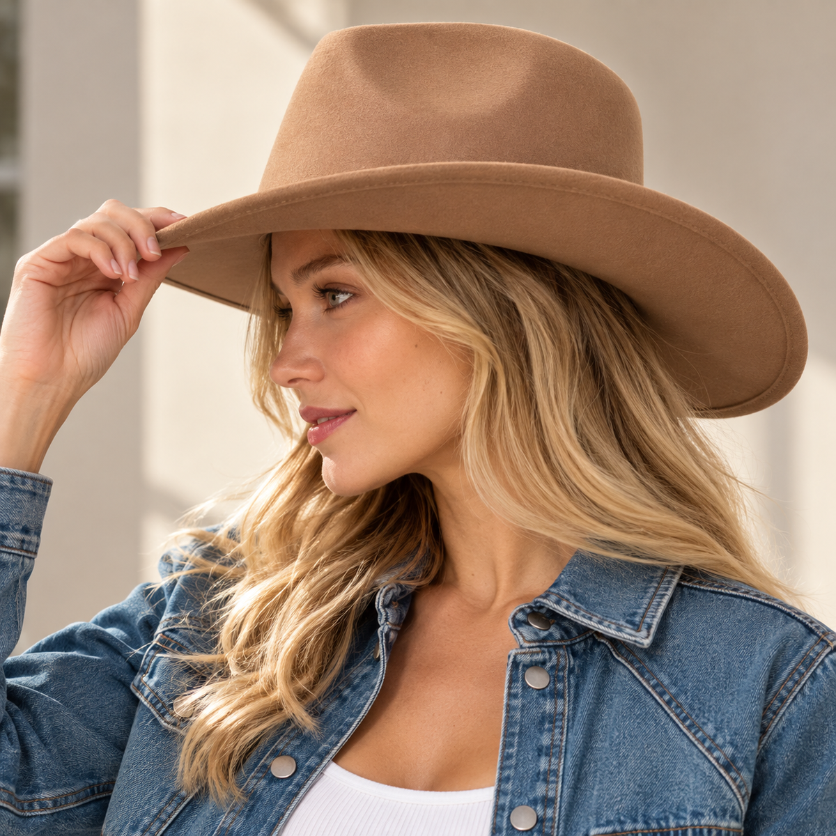 Vegan Felt Cowboy Hat Wide Brim Western Cattleman