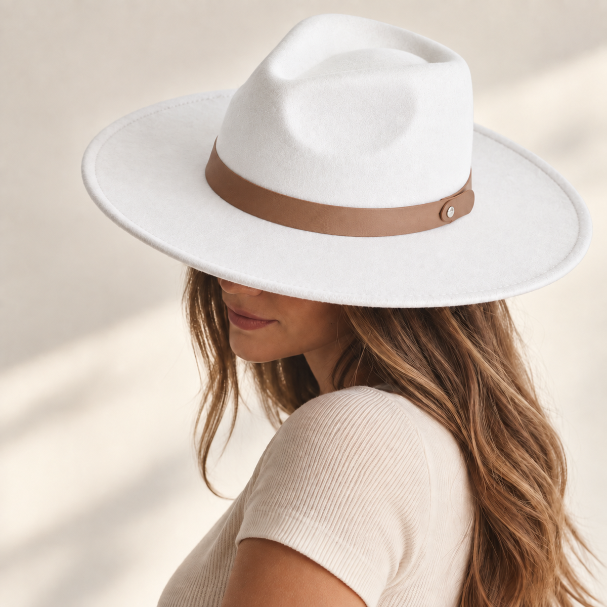 Vegan Felt Flat Brim Rancher Hat with Leather Belt