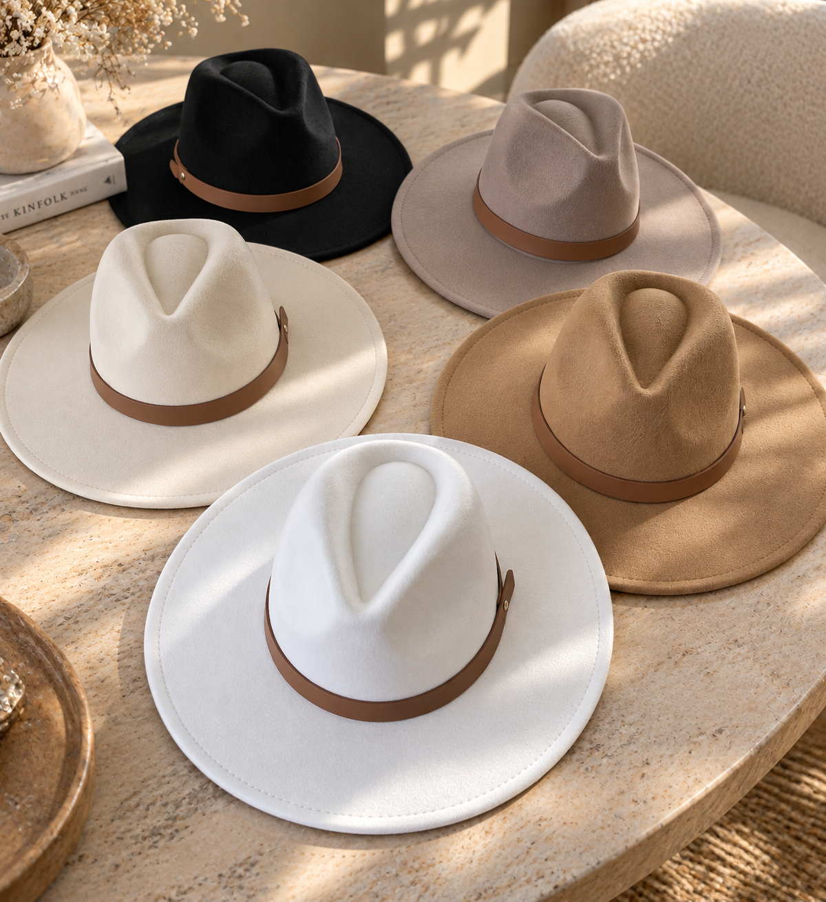 Vegan Felt Flat Brim Rancher Hat with Leather Belt