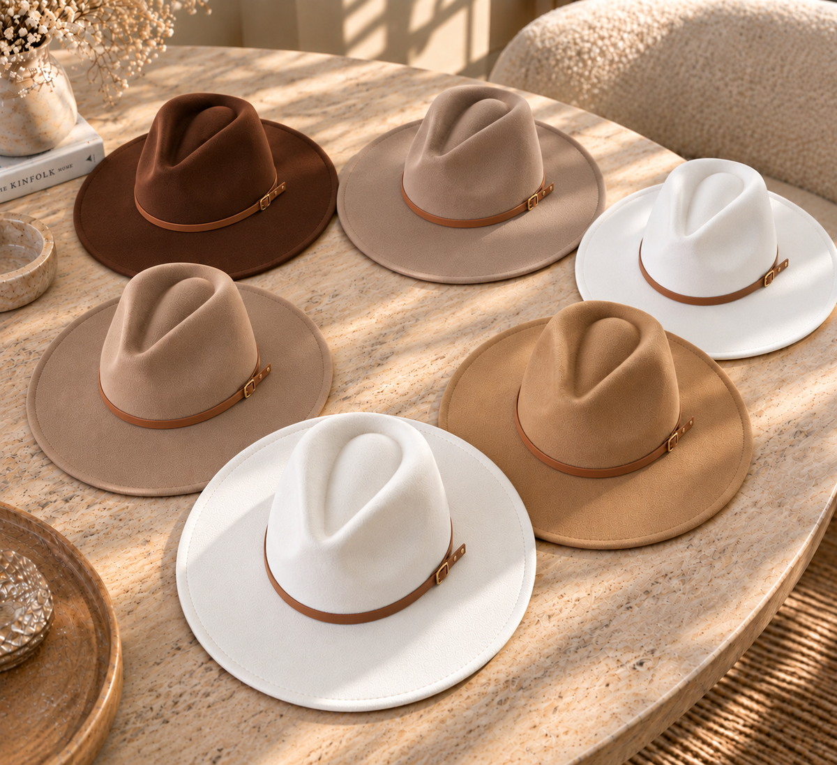 Vegan Felt Flat Brim Rancher Hat w/ Thin Leather Band
