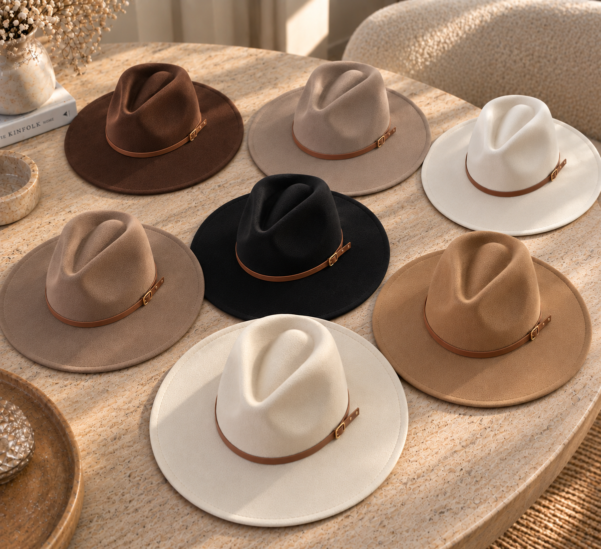 Vegan Felt Flat Brim Rancher Hat w/ Thin Leather Band