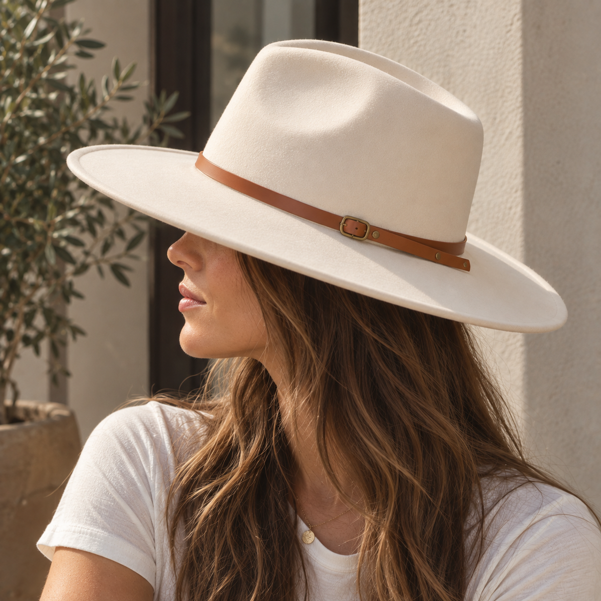Vegan Felt Flat Brim Rancher Hat w/ Thin Leather Band