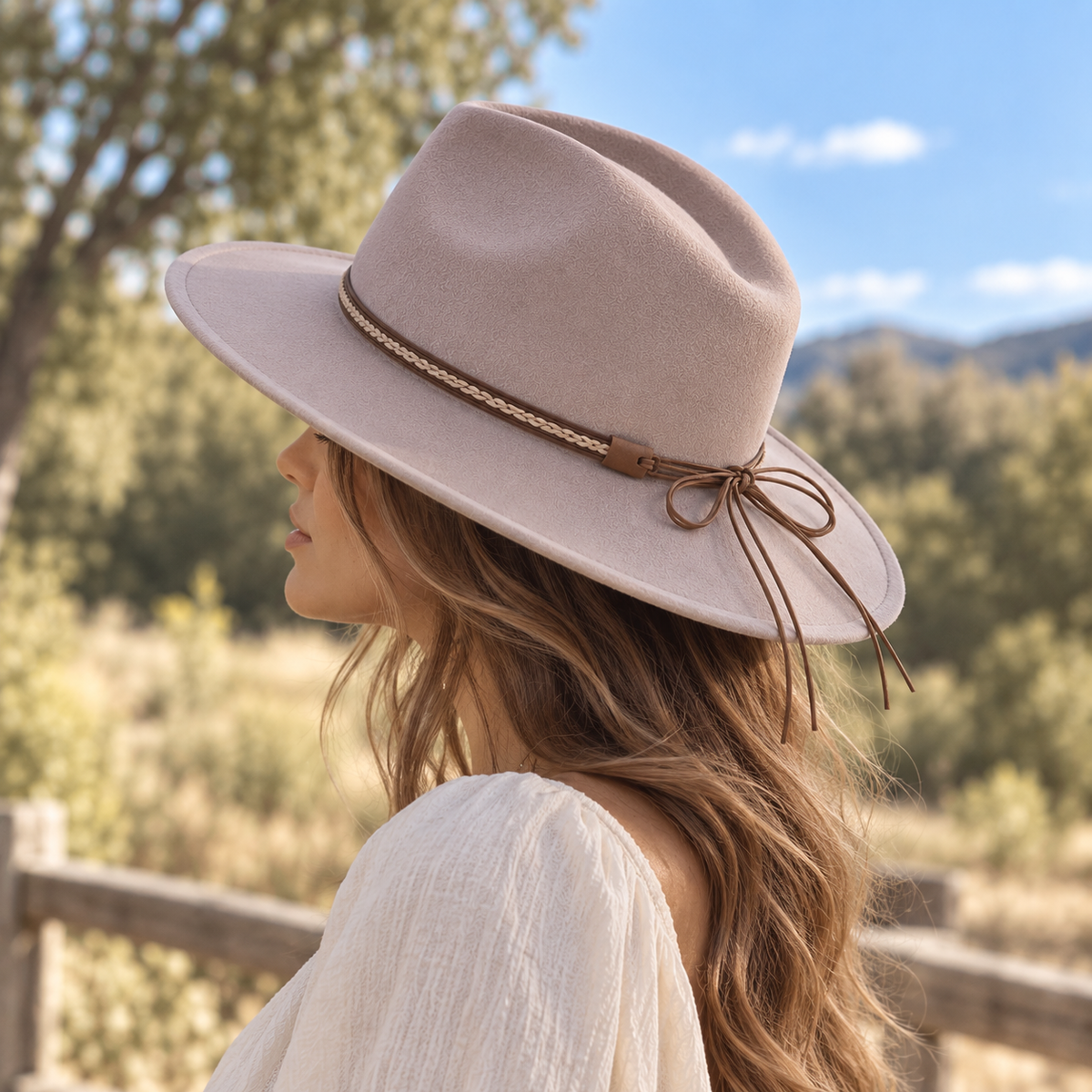 Vegan Felt Flat Brim Rancher Hat w/ Tie Cord Band