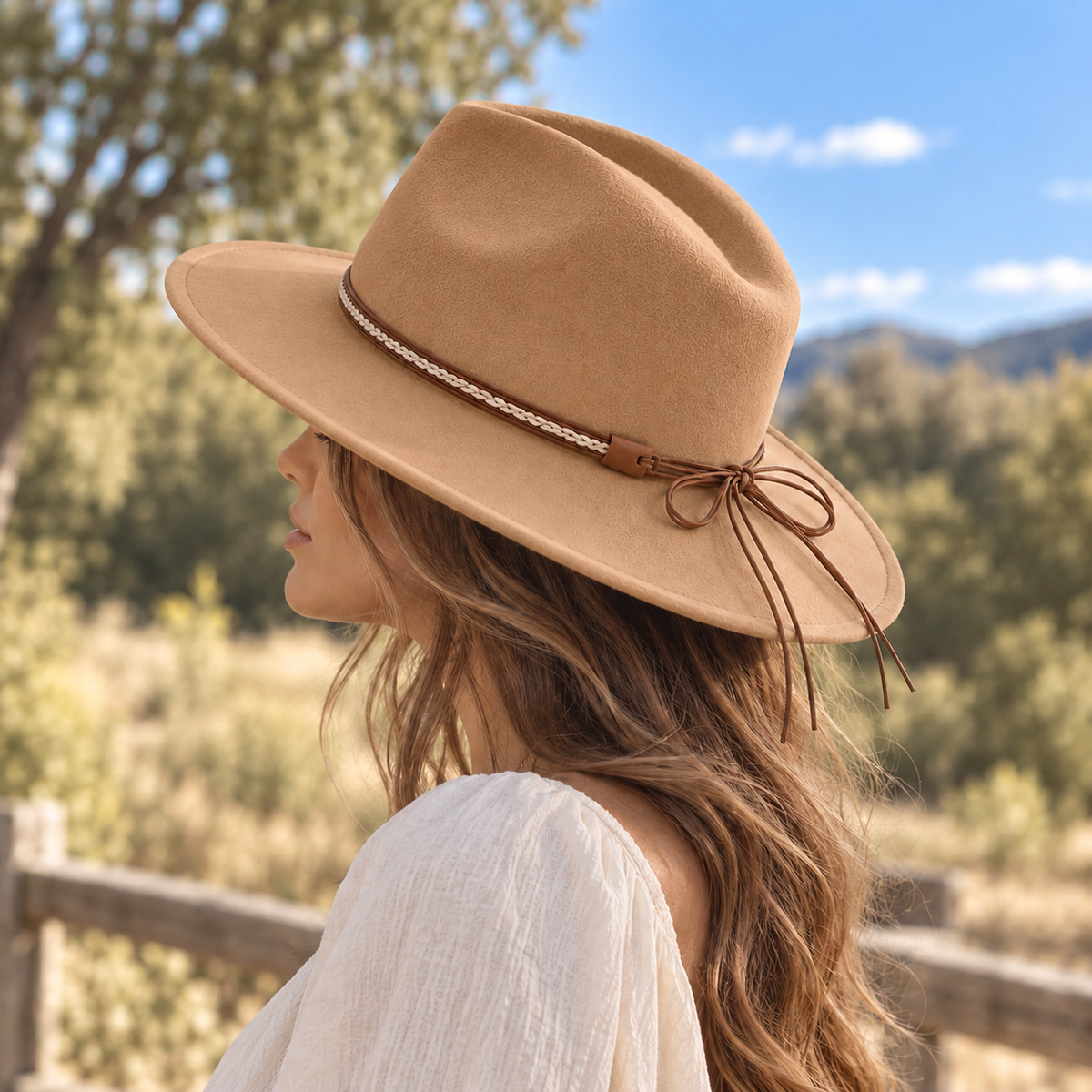 Vegan Felt Flat Brim Rancher Hat w/ Tie Cord Band