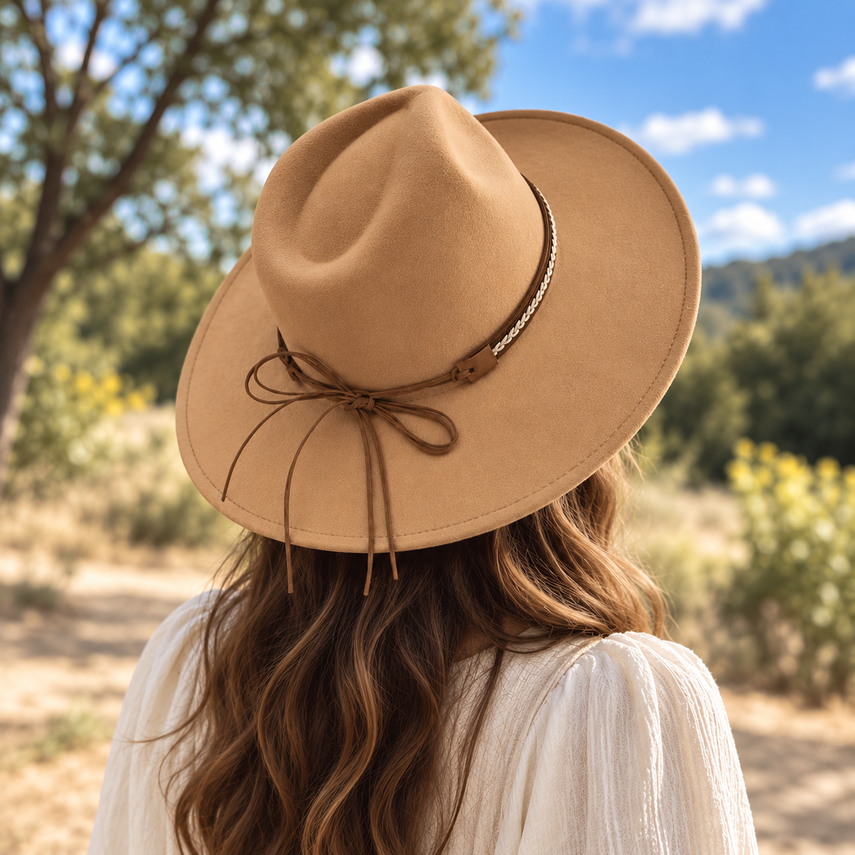 Vegan Felt Flat Brim Rancher Hat w/ Tie Cord Band