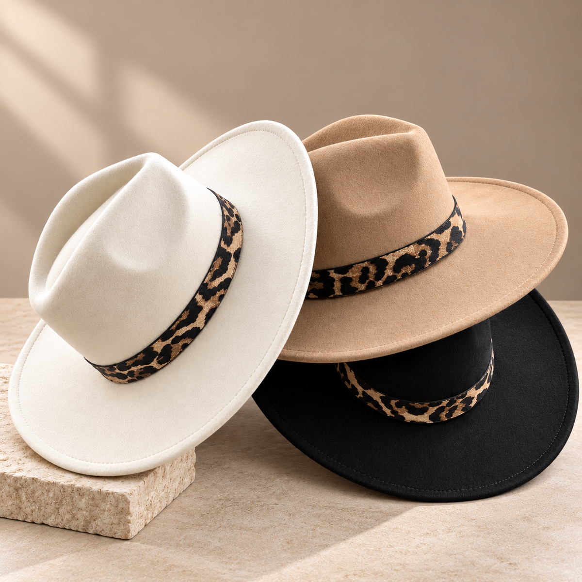 Vegan Felt Flat Brim Rancher Hat with Leopard Print Band