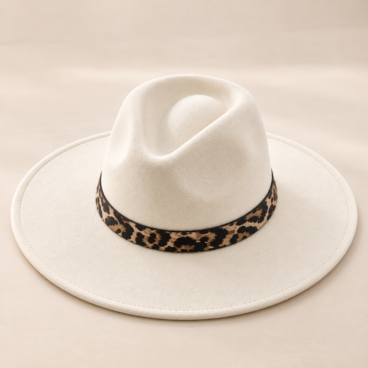 Vegan Felt Flat Brim Rancher Hat with Leopard Print Band