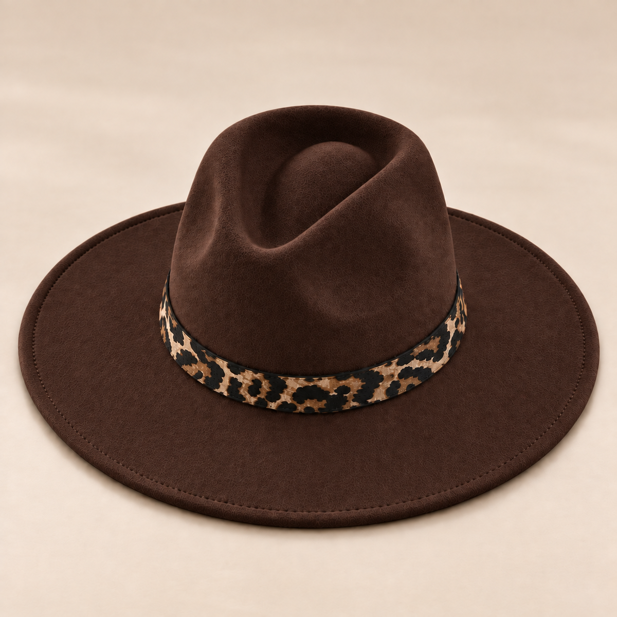 Vegan Felt Flat Brim Rancher Hat with Leopard Print Band
