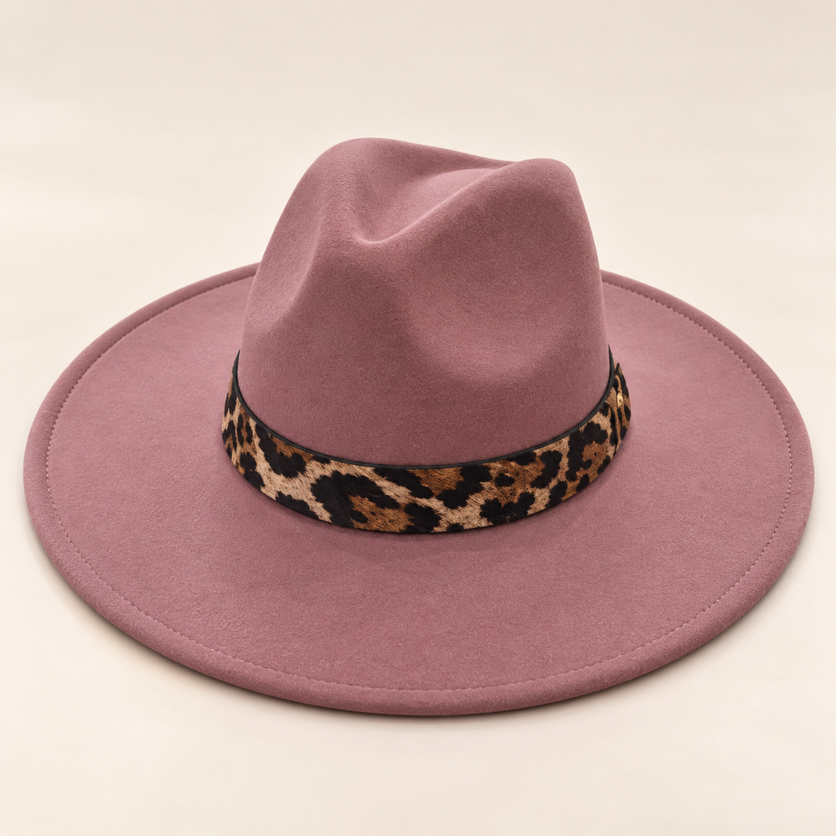 Vegan Felt Flat Brim Rancher Hat with Leopard Print Band