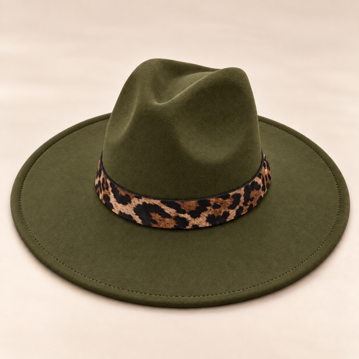 Vegan Felt Flat Brim Rancher Hat with Leopard Print Band
