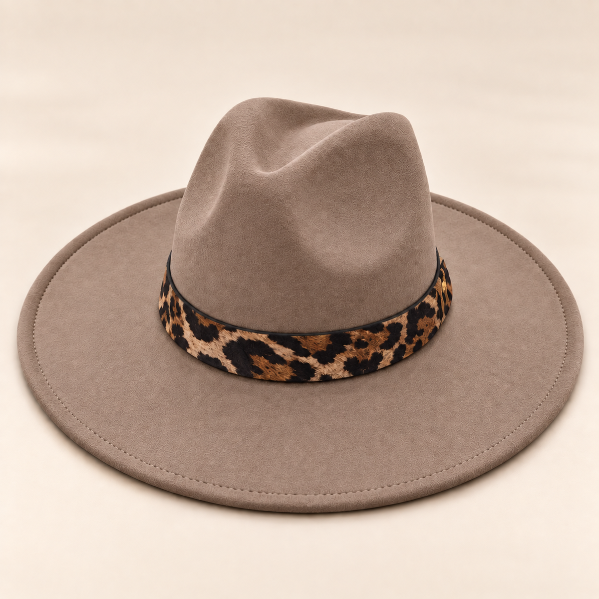 Vegan Felt Flat Brim Rancher Hat with Leopard Print Band