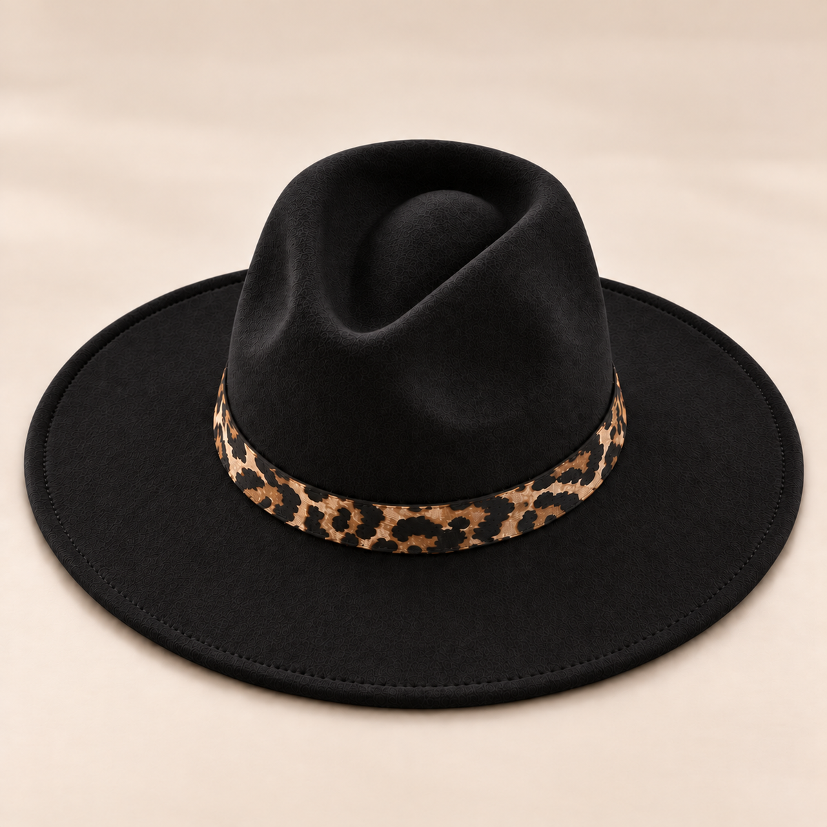 Vegan Felt Flat Brim Rancher Hat with Leopard Print Band