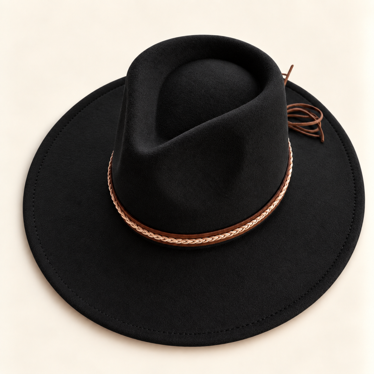 Vegan Felt Rancher Hat with Braided Leather Tie Band