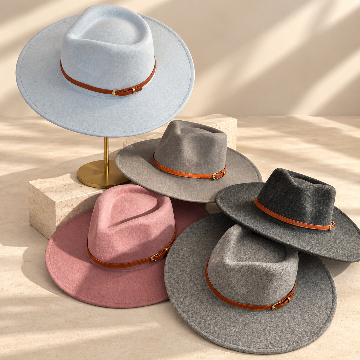 Vegan Felt Wide Brim Rancher Hat with Leather Belt