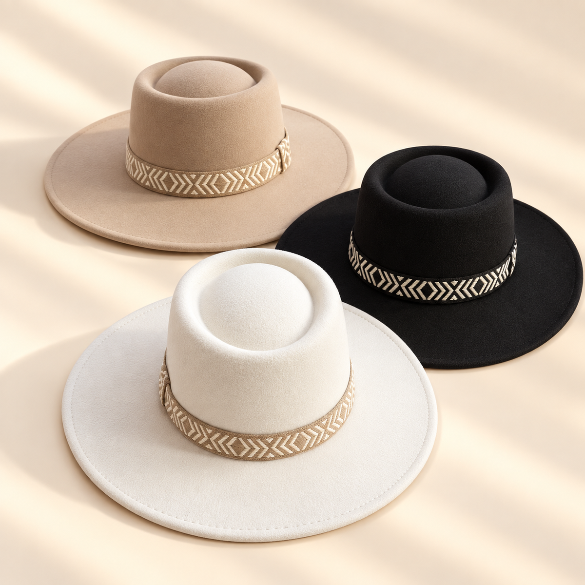 Wide Brim Vegan Felt Gambler Hat w/ Aztec Jacquard Band