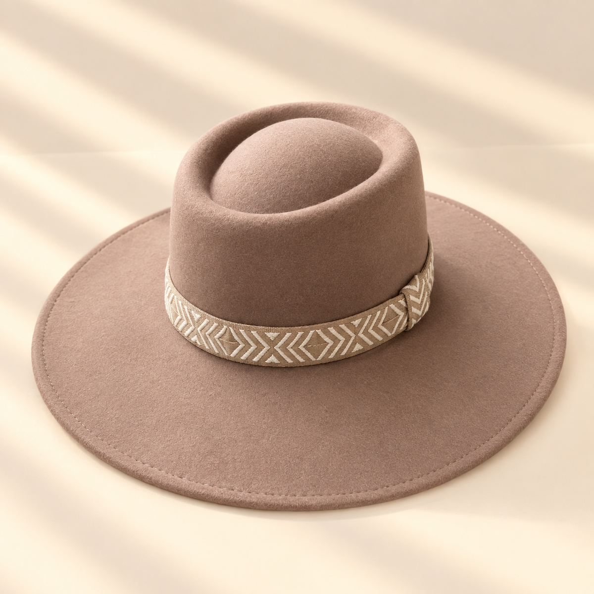Wide Brim Vegan Felt Gambler Hat w/ Aztec Jacquard Band