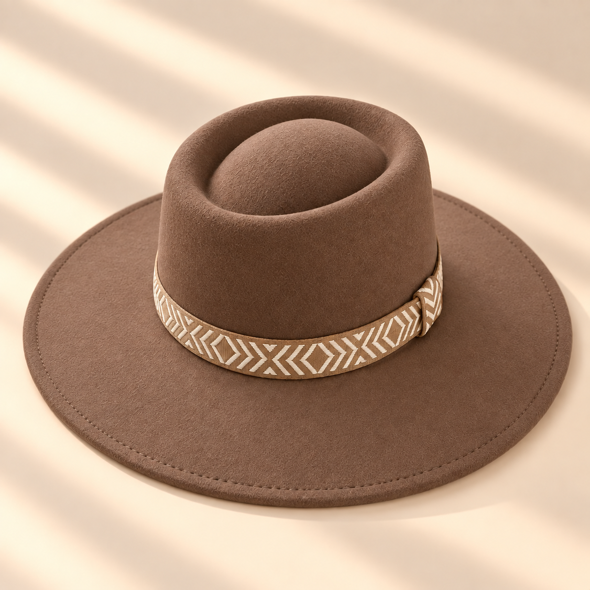 Wide Brim Vegan Felt Gambler Hat w/ Aztec Jacquard Band