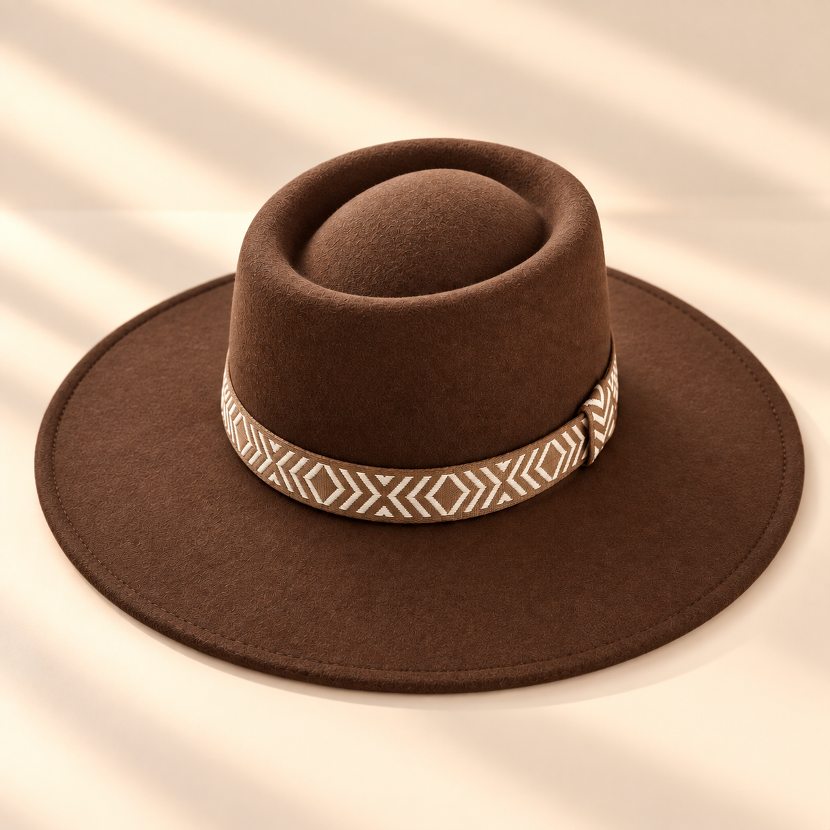 Wide Brim Vegan Felt Gambler Hat w/ Aztec Jacquard Band