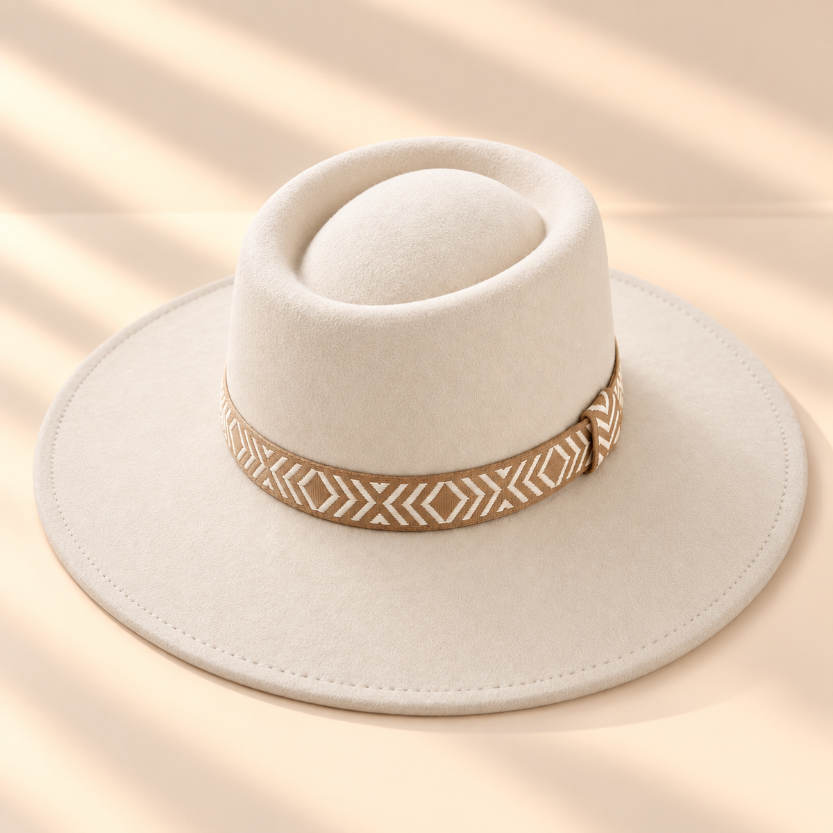 Wide Brim Vegan Felt Gambler Hat w/ Aztec Jacquard Band