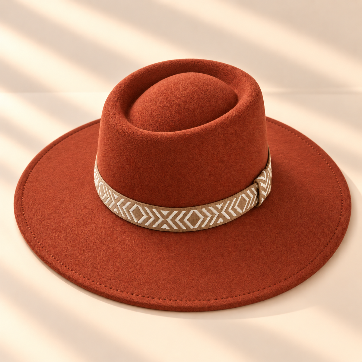 Wide Brim Vegan Felt Gambler Hat w/ Aztec Jacquard Band