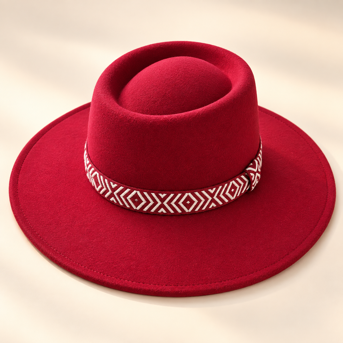 Wide Brim Vegan Felt Gambler Hat w/ Aztec Jacquard Band