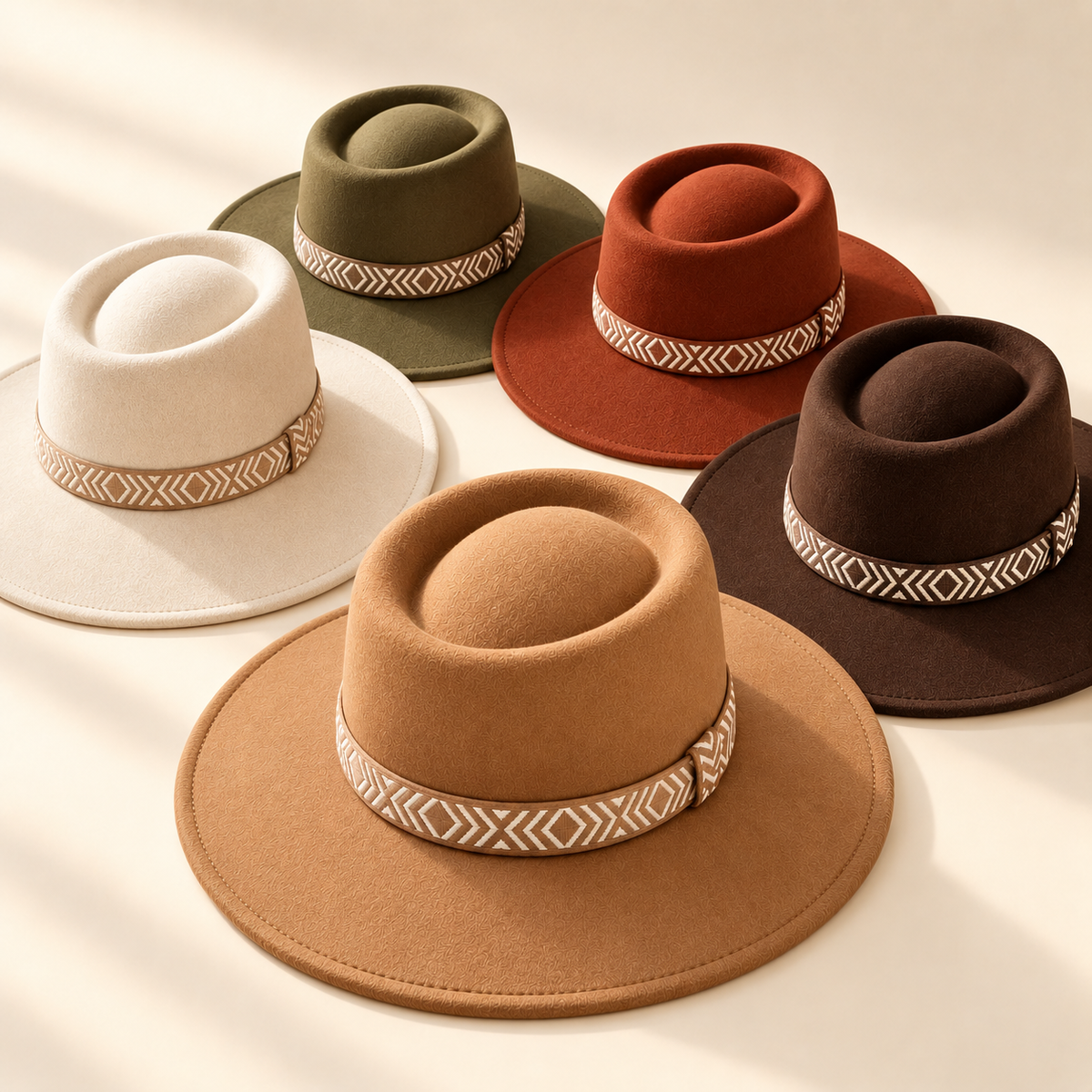 Wide Brim Vegan Felt Gambler Hat w/ Aztec Jacquard Band