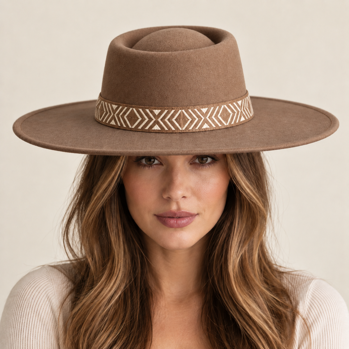Wide Brim Vegan Felt Gambler Hat w/ Aztec Jacquard Band